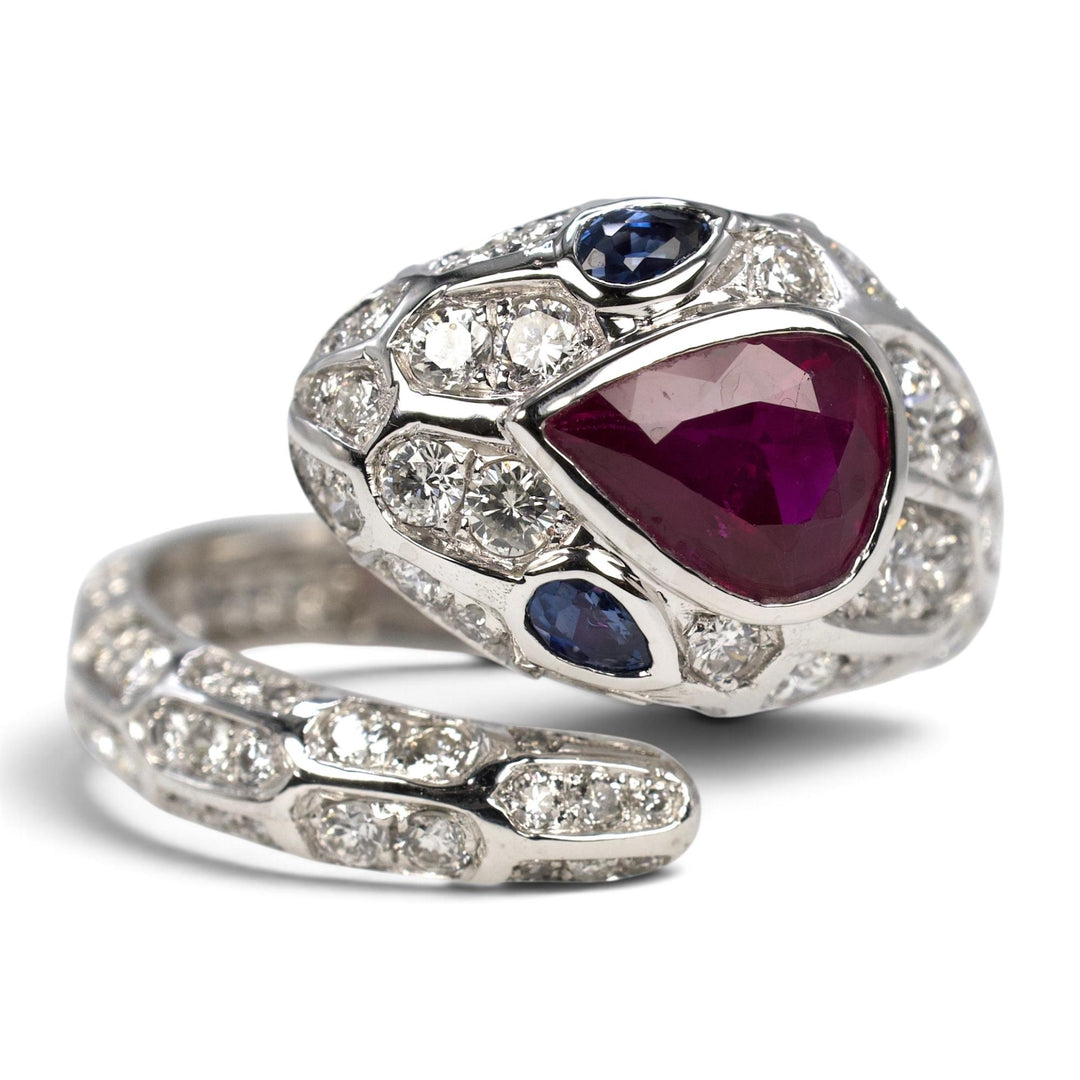 Platinum Pear Ruby, Sapphire &amp; Diamond Snake Ring