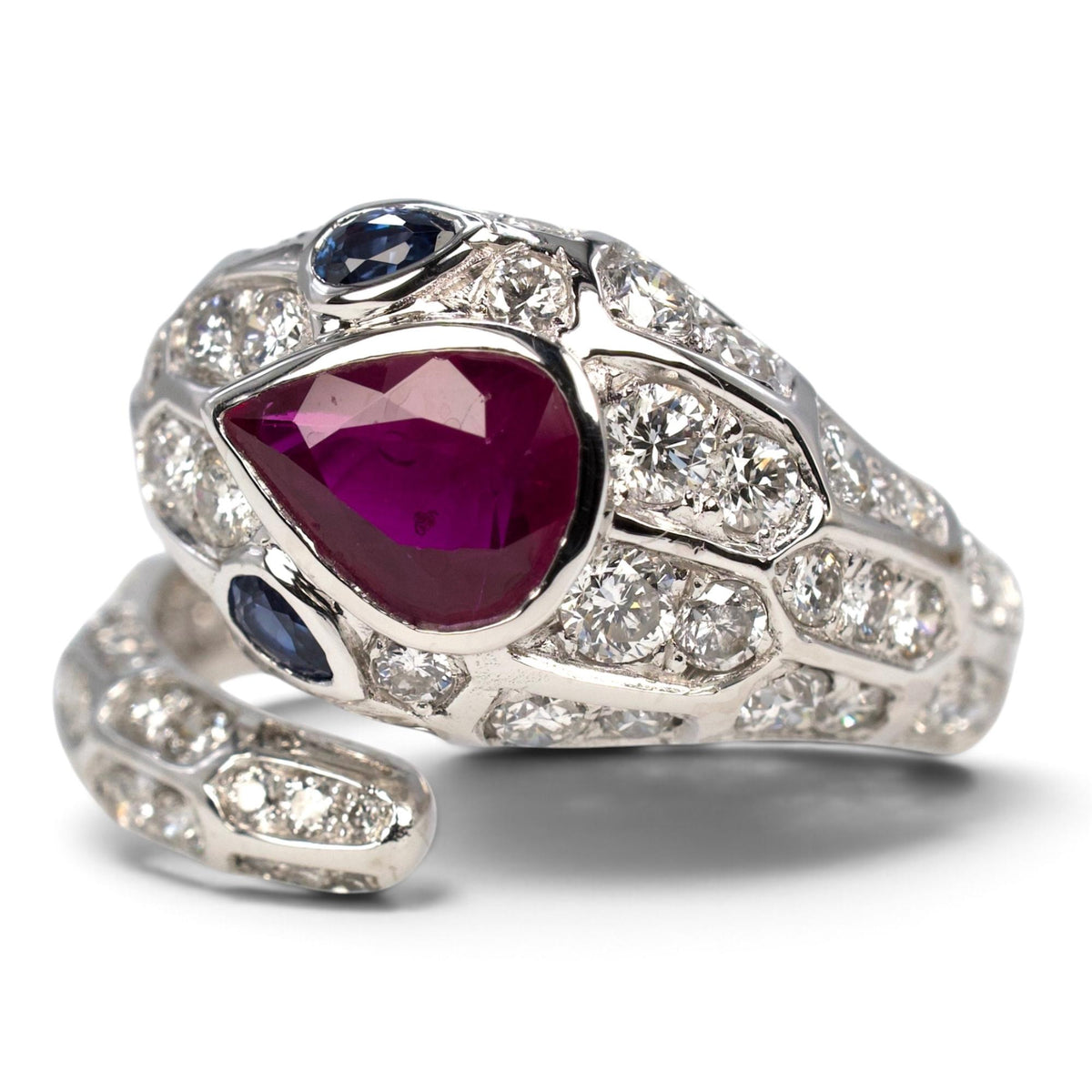 Platinum Pear Ruby, Sapphire & Diamond Snake Ring