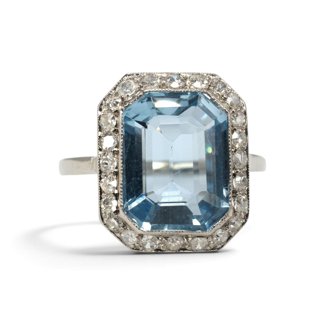 3.63 ct Emerald Cut Aquamarine &amp; Old Mine Cut Diamond Halo Ring