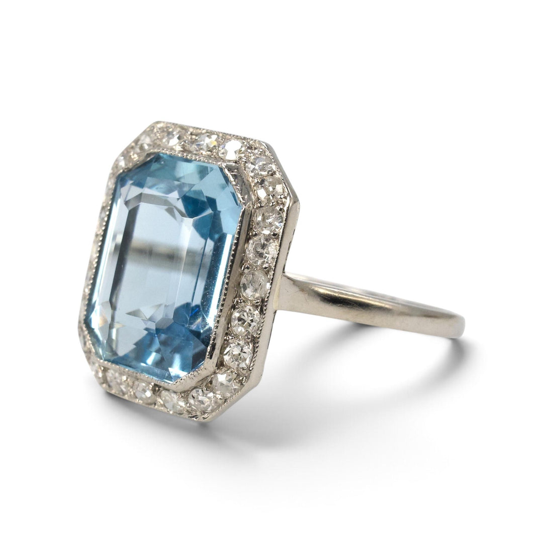 3.63 ct Emerald Cut Aquamarine &amp; Old Mine Cut Diamond Halo Ring
