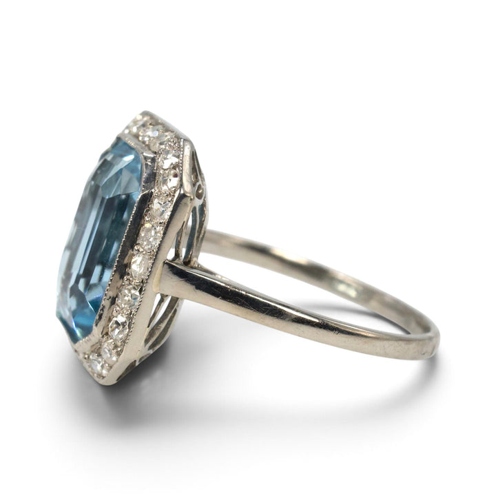 3.63 ct Emerald Cut Aquamarine &amp; Old Mine Cut Diamond Halo Ring