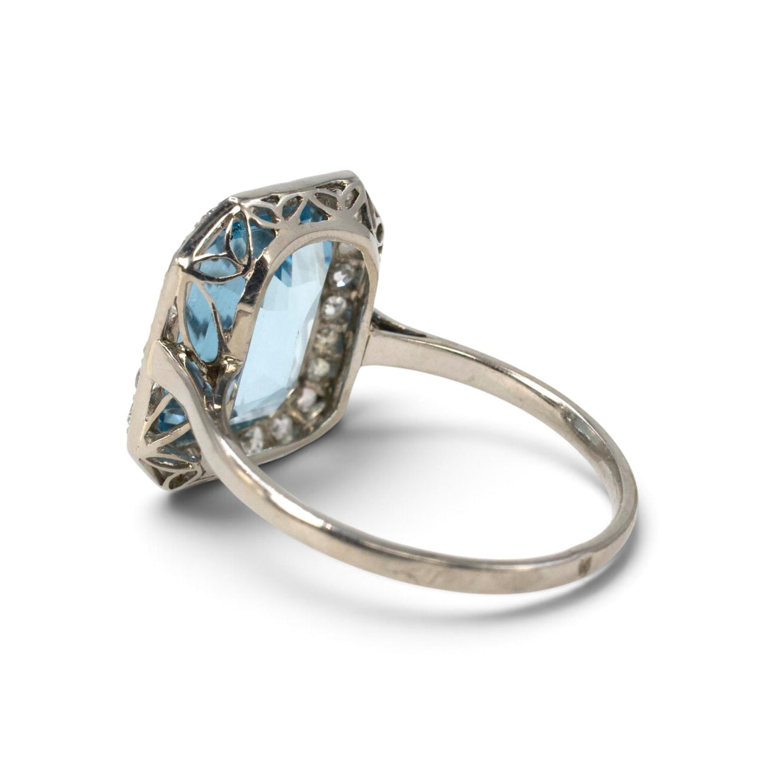 3.63 ct Emerald Cut Aquamarine &amp; Old Mine Cut Diamond Halo Ring