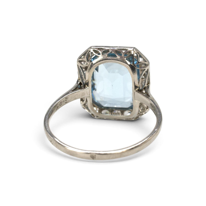 3.63 ct Emerald Cut Aquamarine &amp; Old Mine Cut Diamond Halo Ring