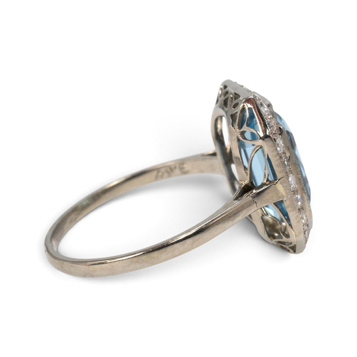 3.63 ct Emerald Cut Aquamarine &amp; Old Mine Cut Diamond Halo Ring