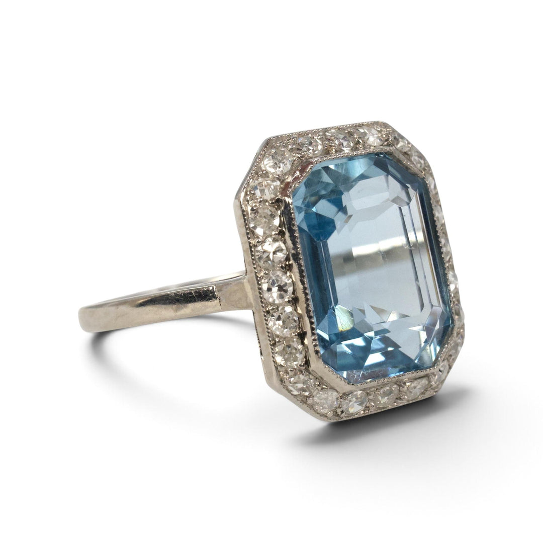 3.63 ct Emerald Cut Aquamarine &amp; Old Mine Cut Diamond Halo Ring