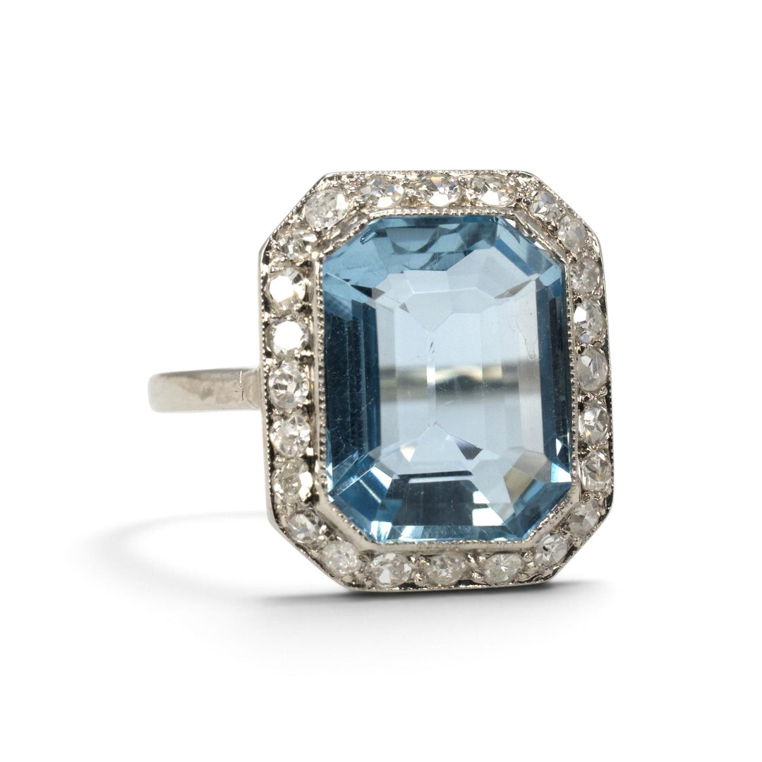 3.63 ct Emerald Cut Aquamarine &amp; Old Mine Cut Diamond Halo Ring