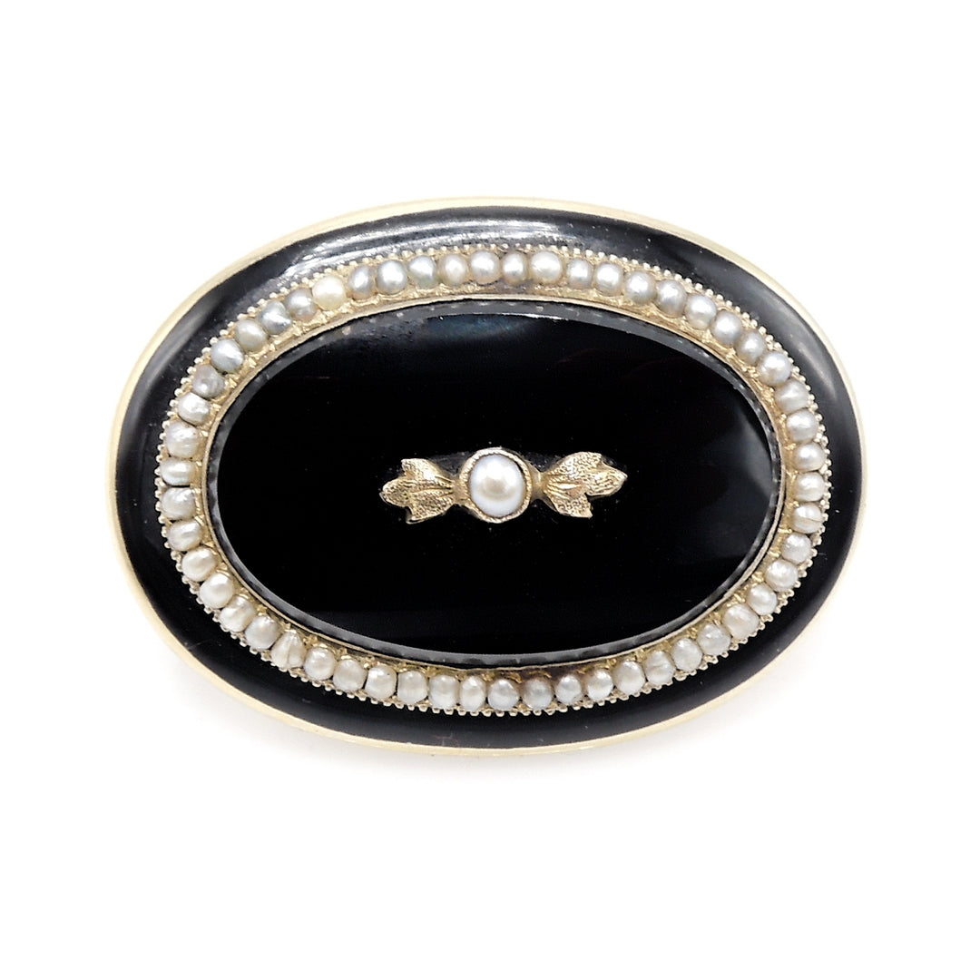 Victorian Gold, Pearl, and Black Enamel Mourning Brooch - M.E. Flanagin