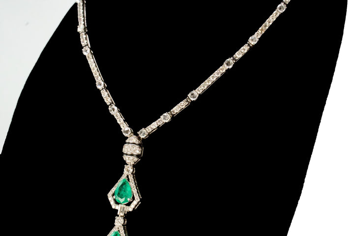 Diamond and Pear Cut Emerald Pendant Necklace with Rose Cut Diamonds