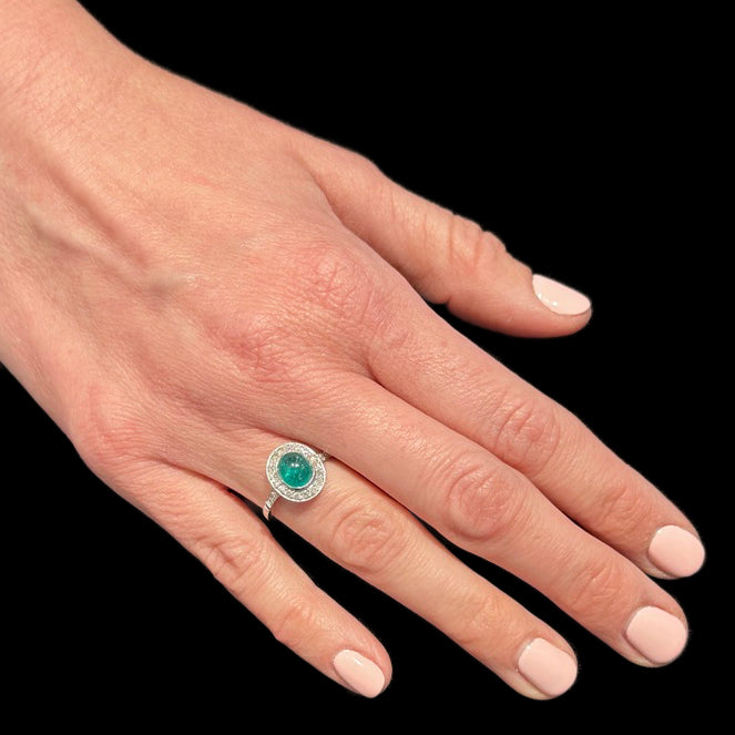 Edwardian Style 1.40 Carat Cabochon Oval Emerald and Diamond Ring in Platinum