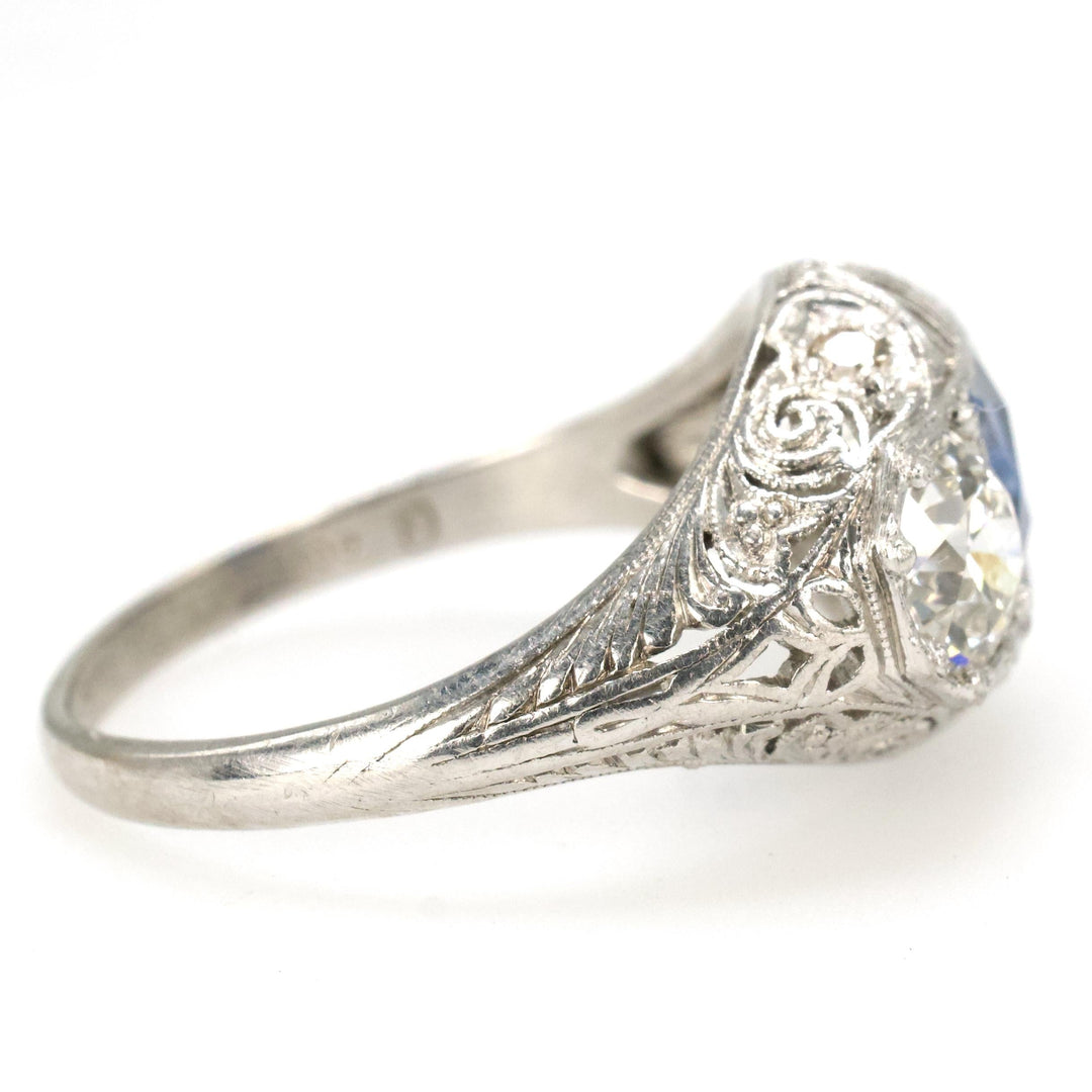 Edwardian Three Stone Platinum Filigree Ring with European Cut Diamonds and