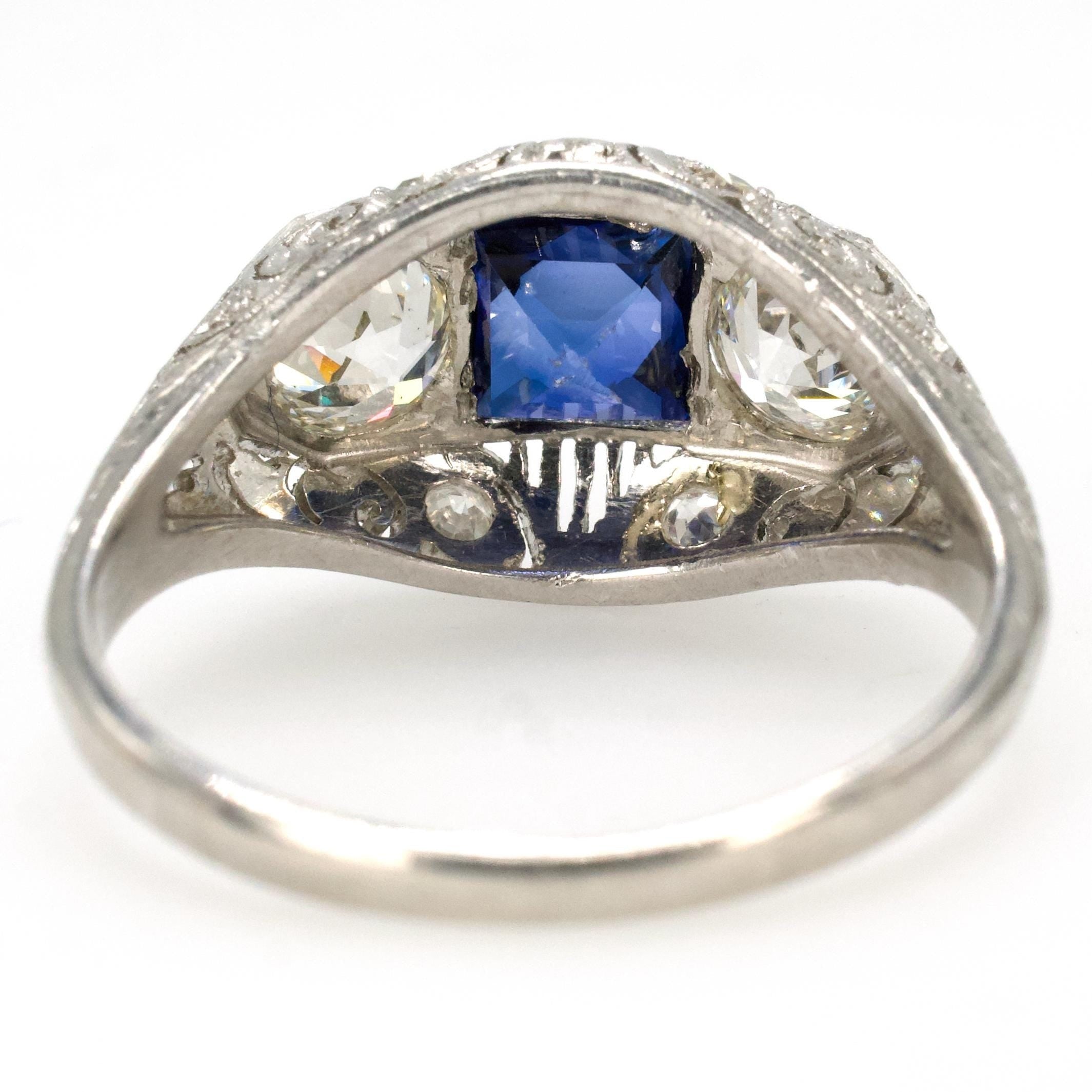Edwardian Three Stone Platinum Filigree Ring with European Cut