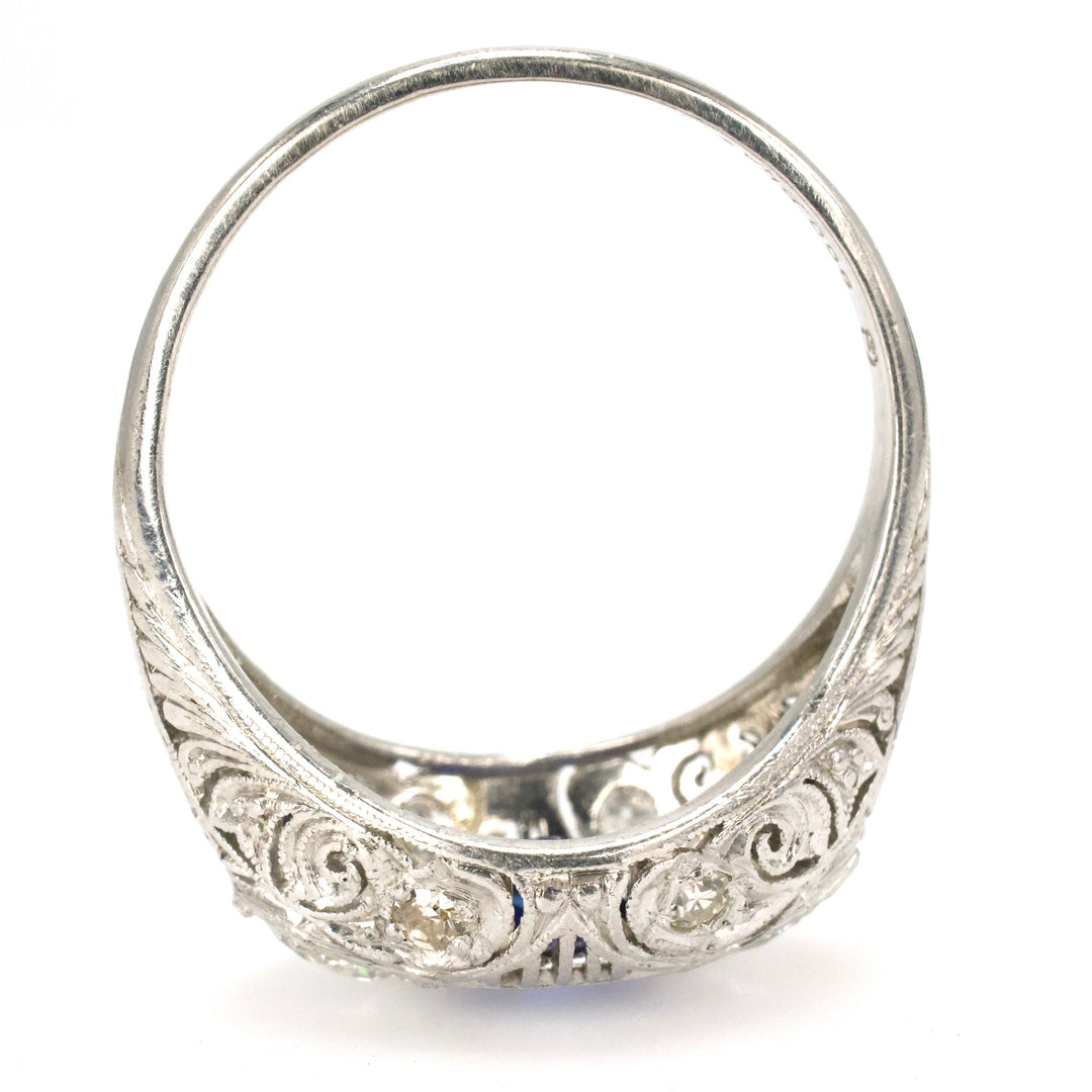 Edwardian Three Stone Platinum Filigree Ring with European Cut Diamonds and
