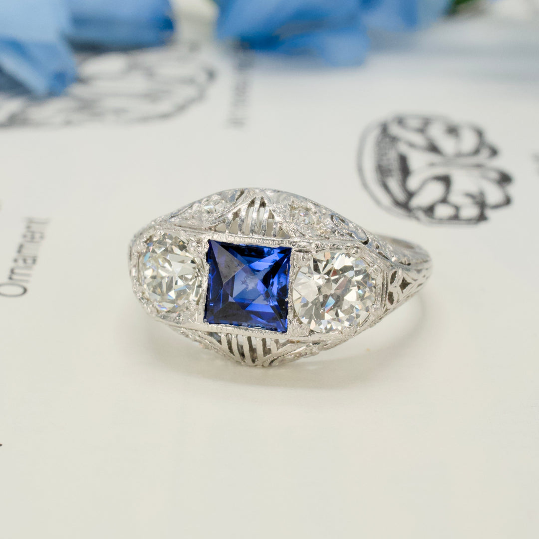 Edwardian Three Stone Platinum Filigree Ring with European Cut Diamonds and