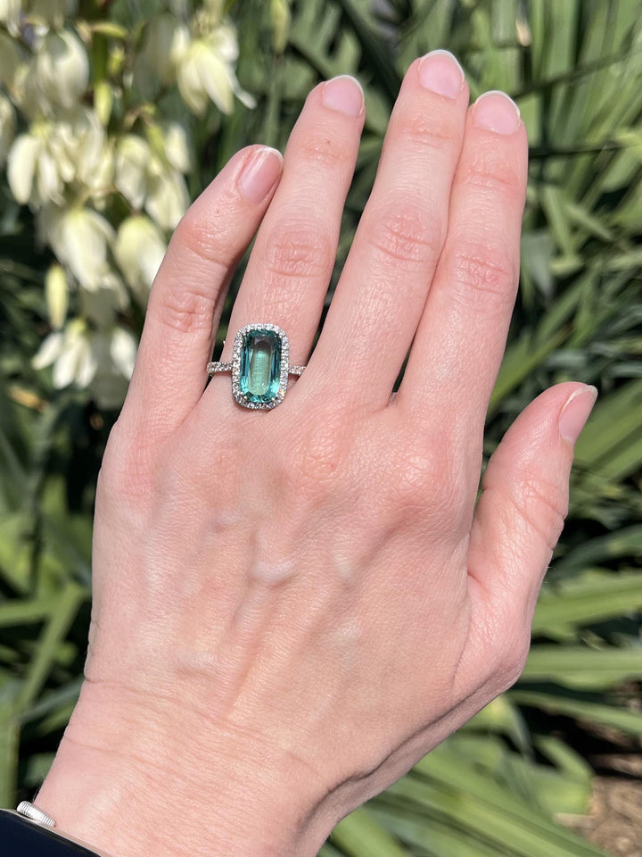3.59 Carat Elongated Cushion Cut Lagoon Tourmaline Ring with Diamond Halo