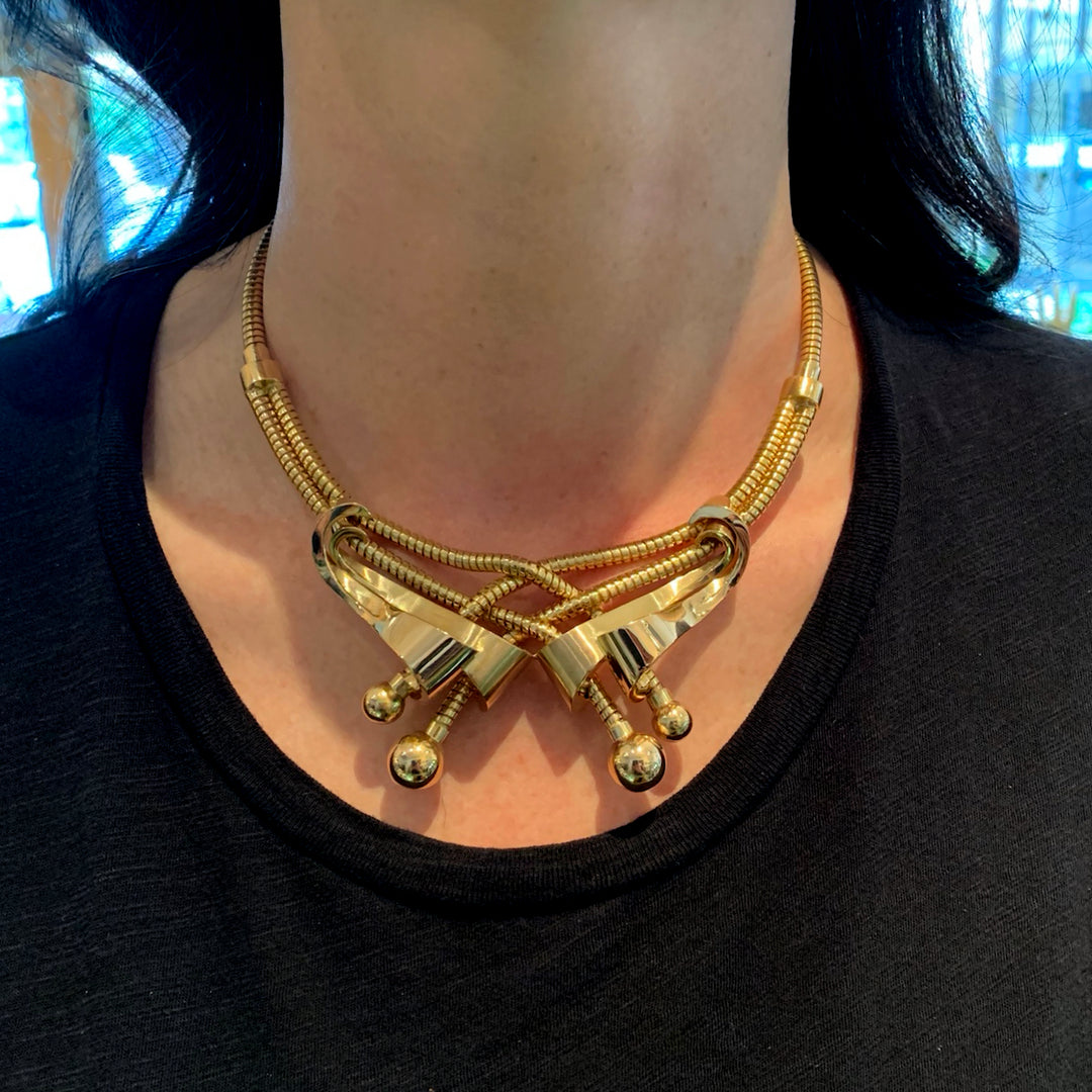 Vintage Retro 18K Yellow Gold Snake Chain Crossover Necklace