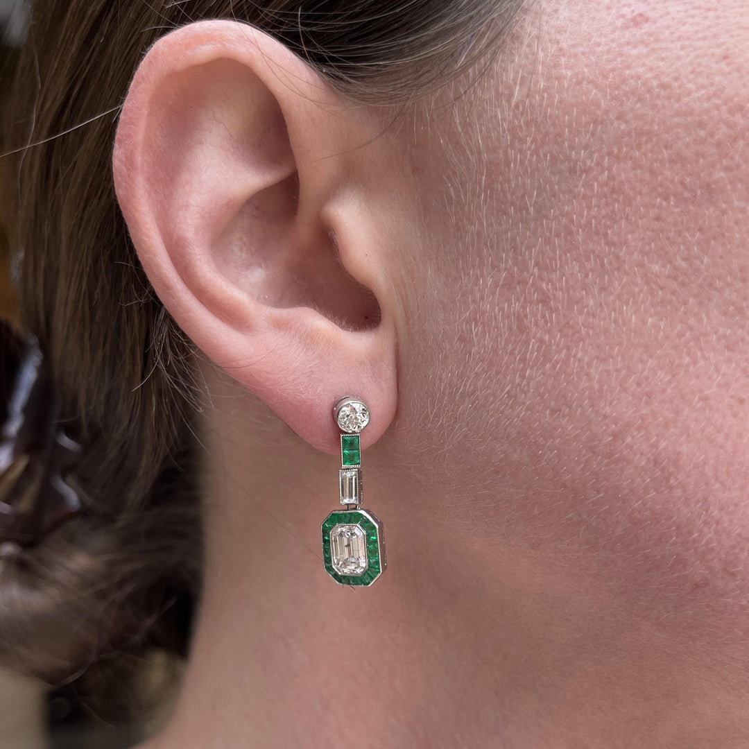 Art Deco Emerald and European Cut Diamond and Emerald Drop Earrings