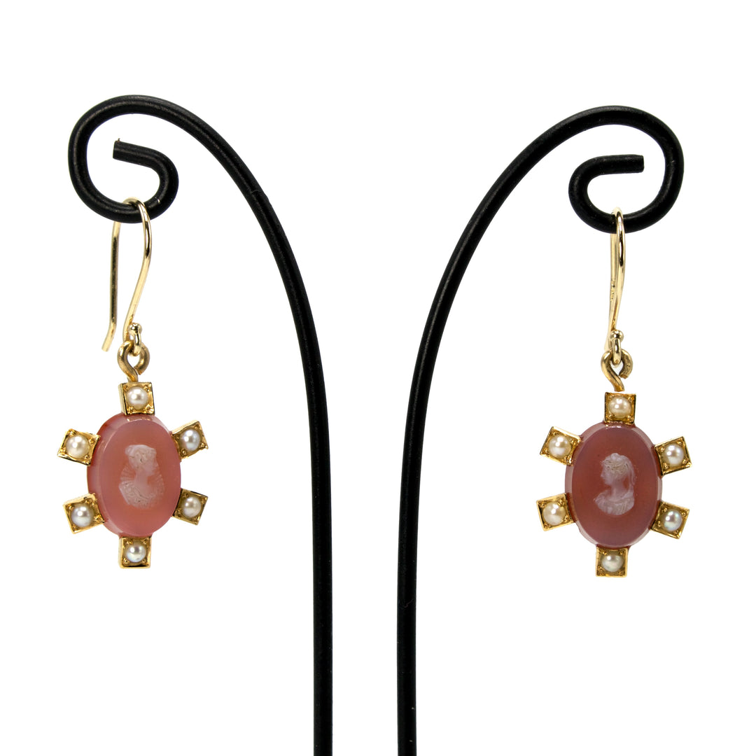 Estate Shell and Seed Pearl Cameo Drop Earrings in 18K Yellow Gold