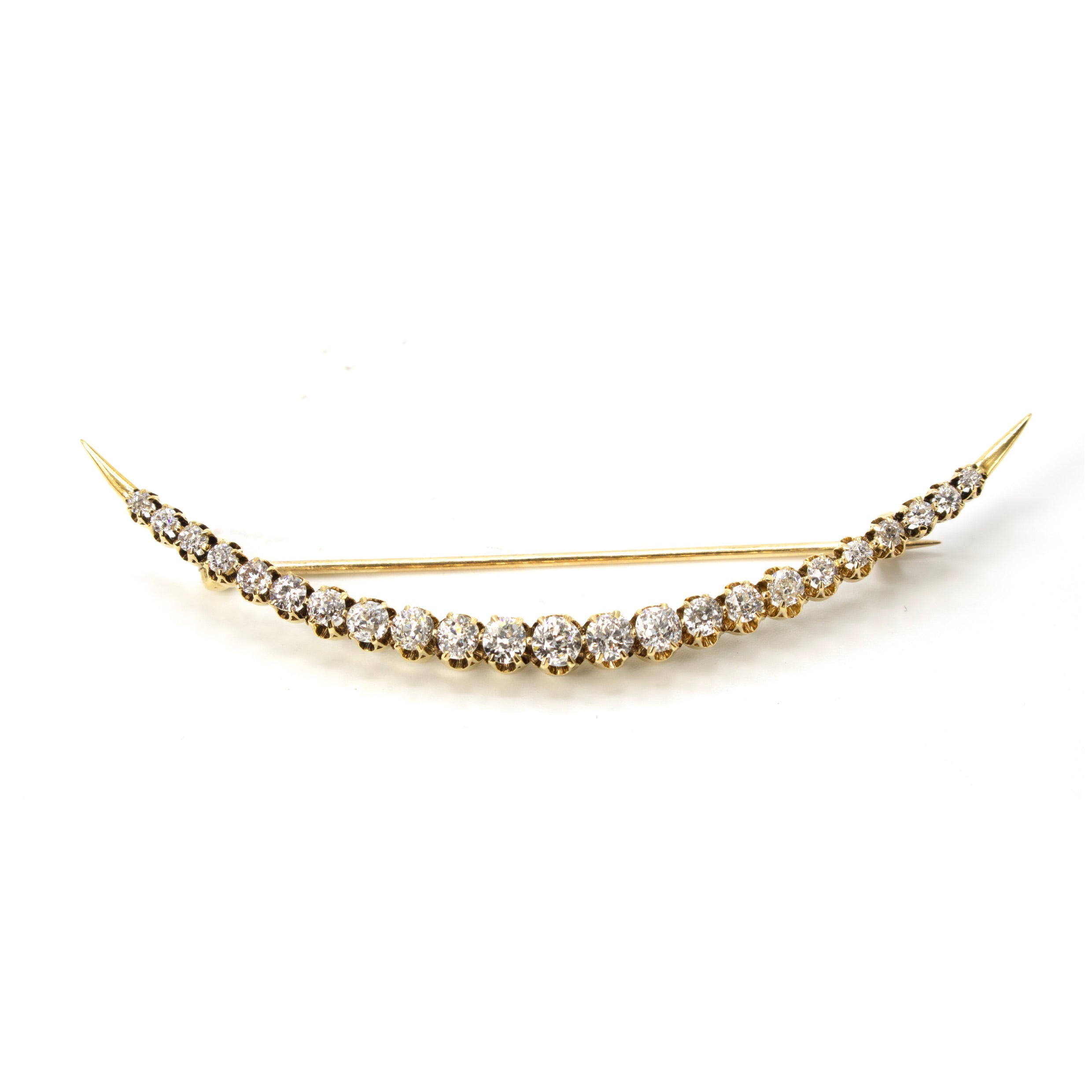 Antique Crescent Brooch Pin with Old Cut Diamonds in 18K Yellow Gold