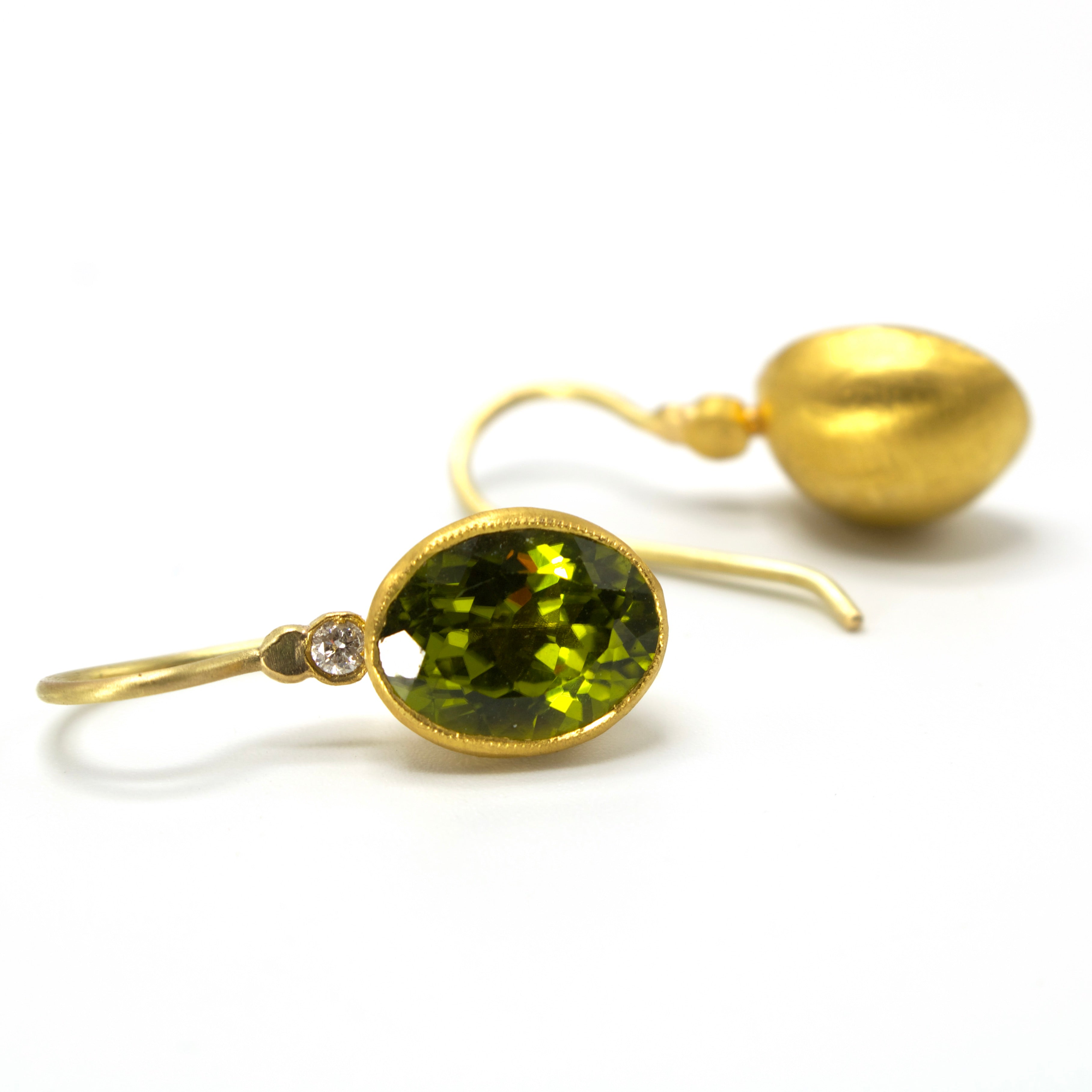 24K Yellow Gold Oval Peridot and Diamond Drop Earrings