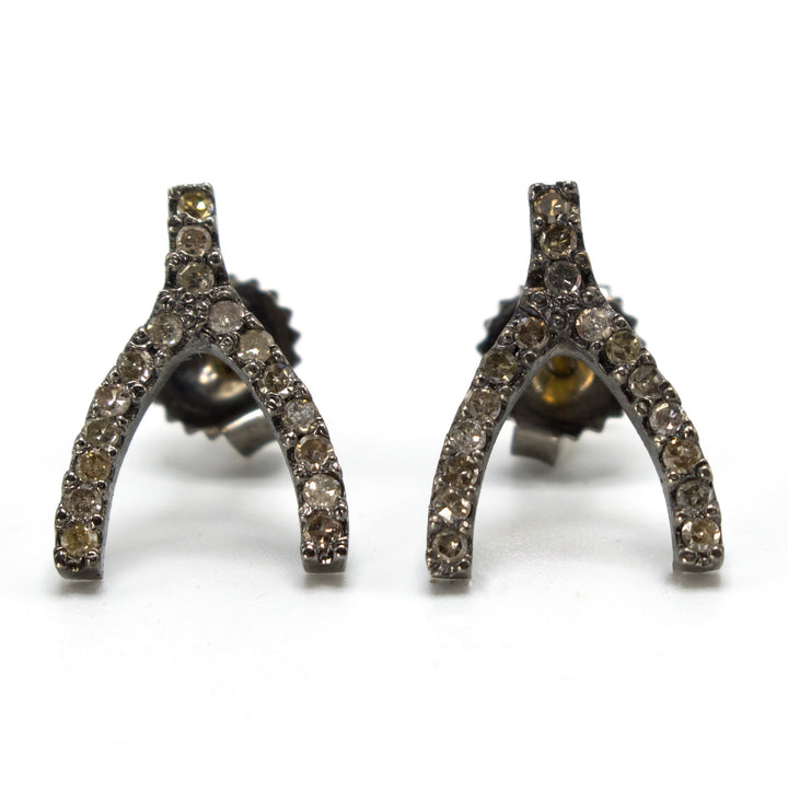 Brown Diamond Wishbone Earrings in Oxidized Sterling Silver and Vermeil