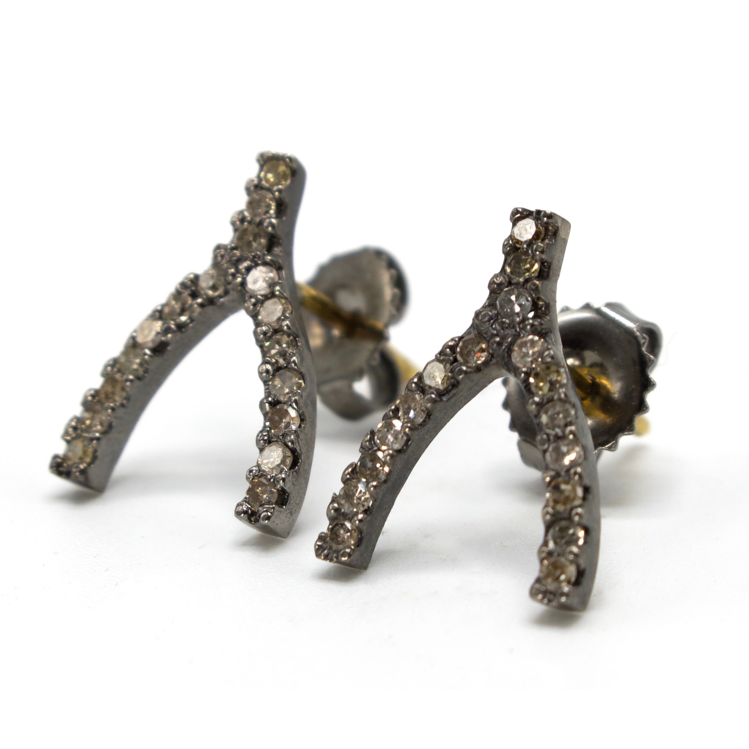 Brown Diamond Wishbone Earrings in Oxidized Sterling Silver and Vermeil