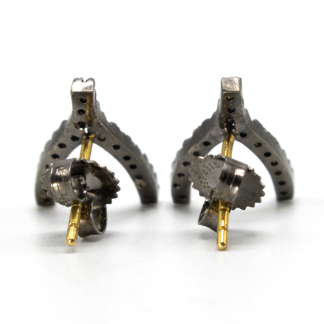 Brown Diamond Wishbone Earrings in Oxidized Sterling Silver and Vermeil