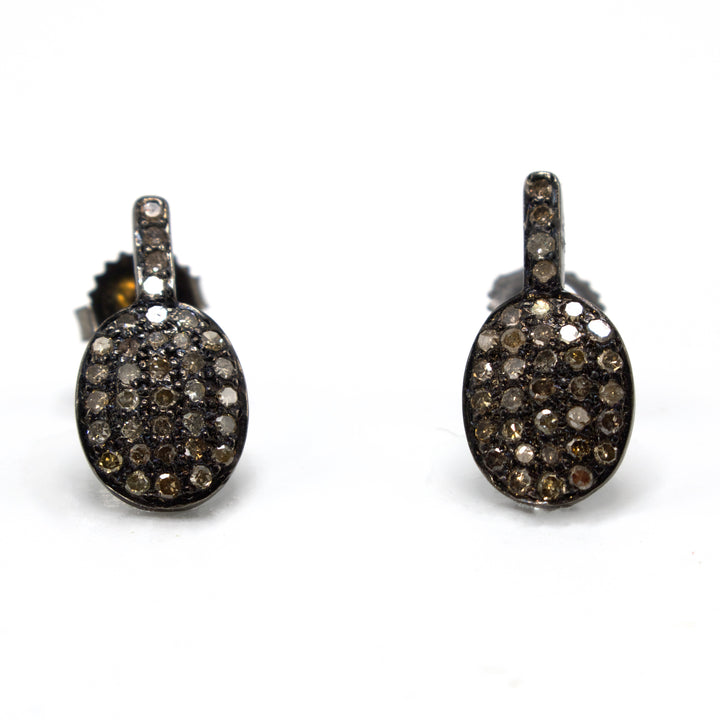 Brown Diamond Oval Cluster Drop Earrings in Oxidized Sterling Silver and Vermeil