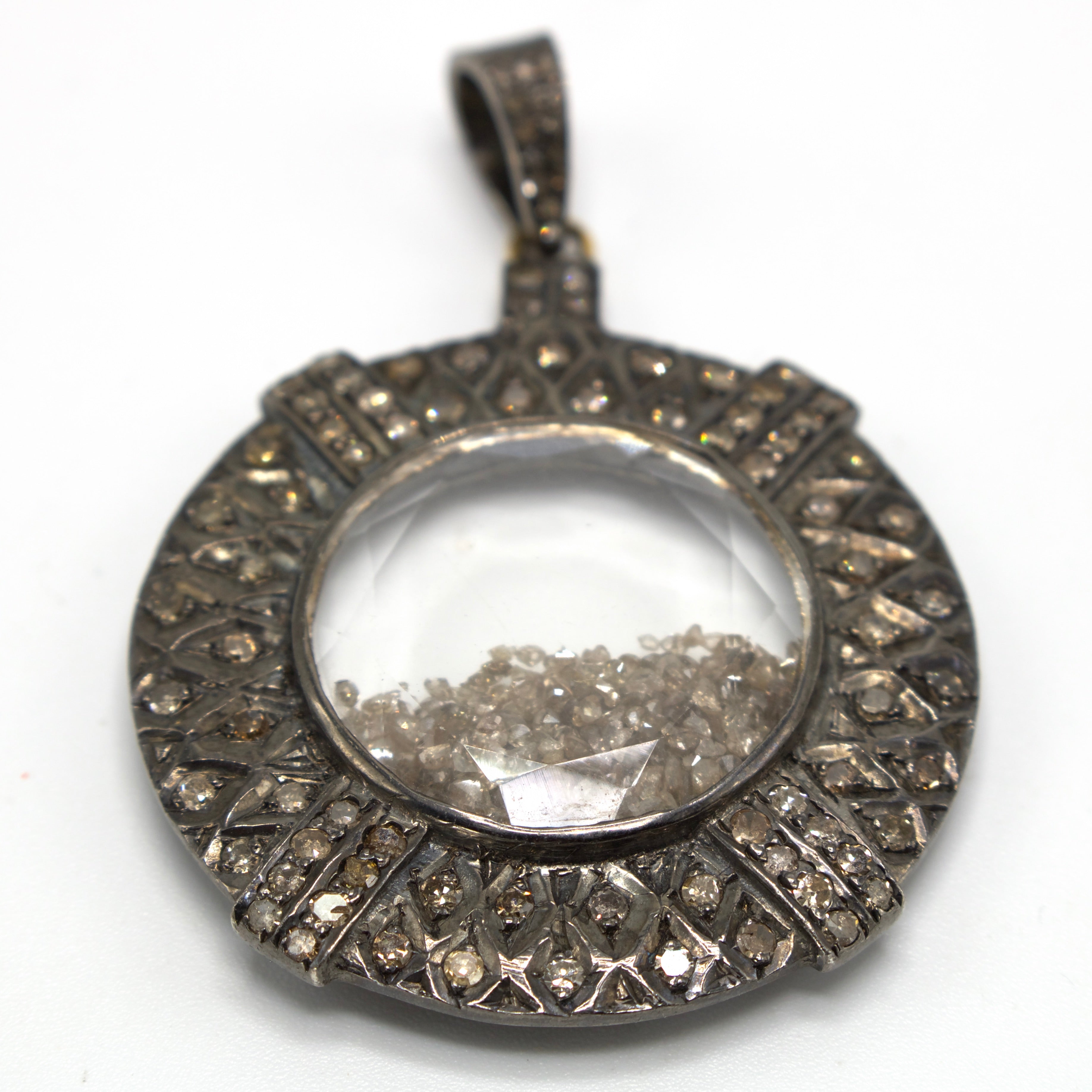 Large Diamonds under Crystal Pendant with Brown Diamonds in Sterling Silver