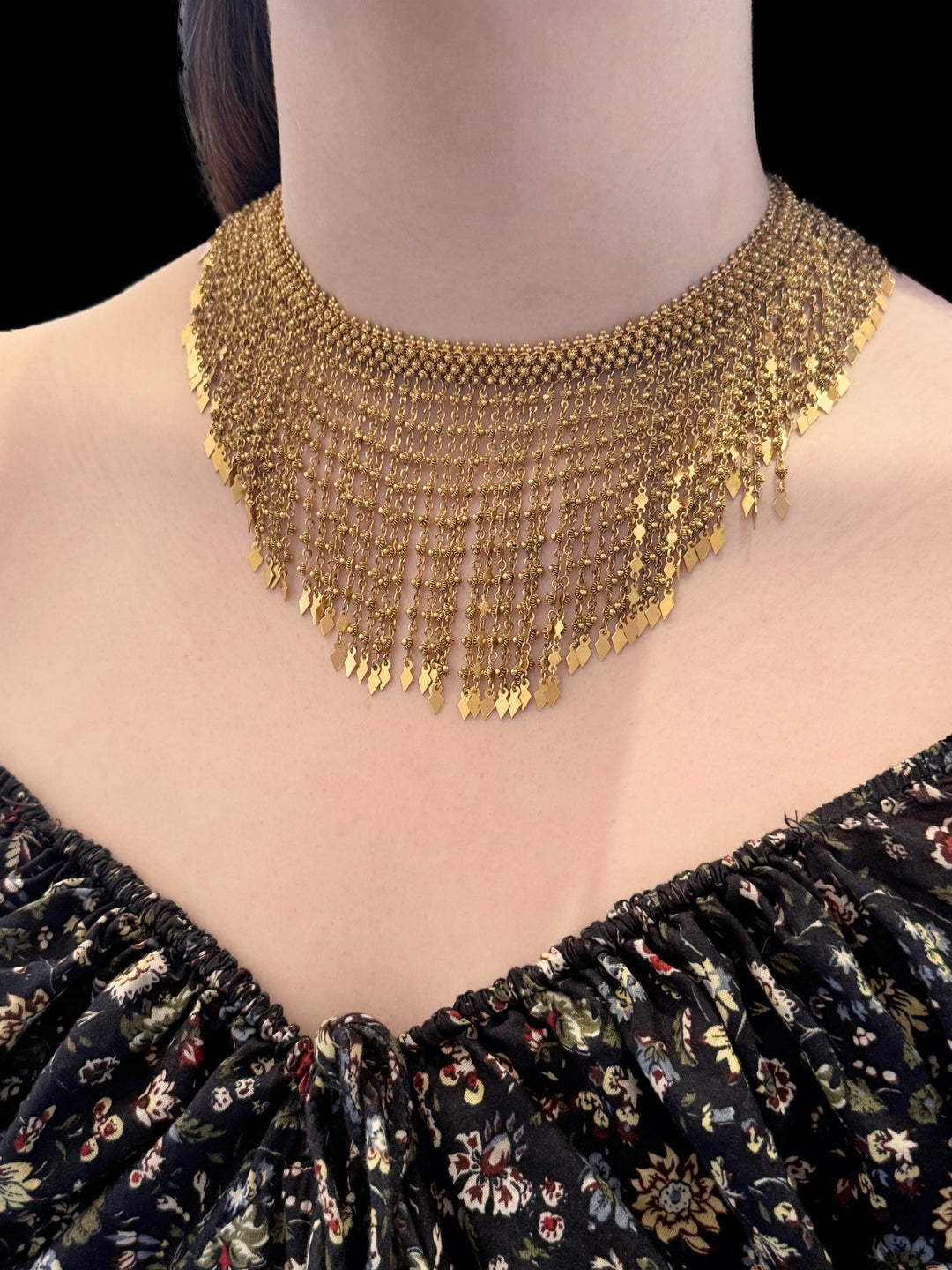 Cascading Fringe Bib Necklace in 14K Gold