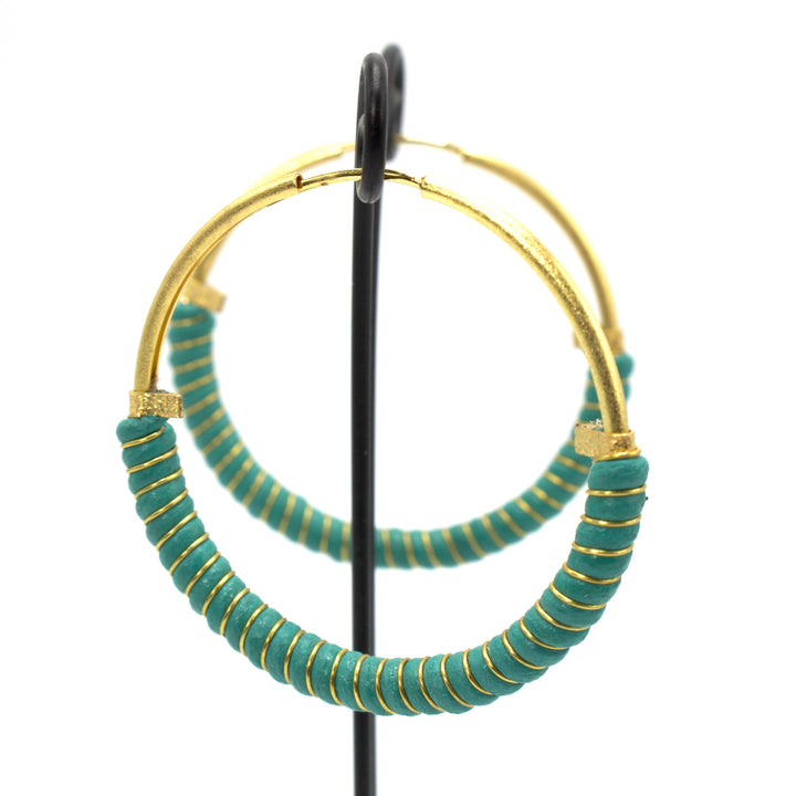 18K Gold Plated Brass Hoop Earrings Wrapped in Turquoise Colored Leather
