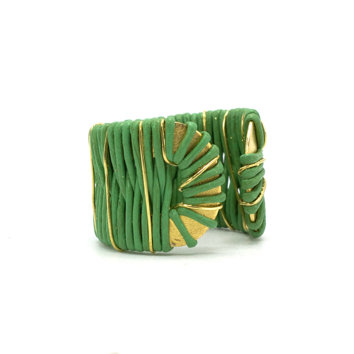 18K Gold Plated Brass Ring Wrapped in Green Leather