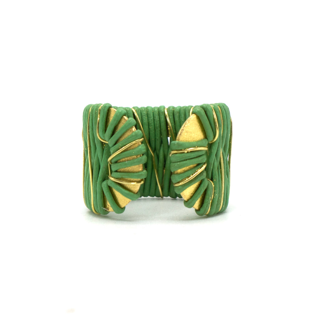 18K Gold Plated Brass Ring Wrapped in Green Leather