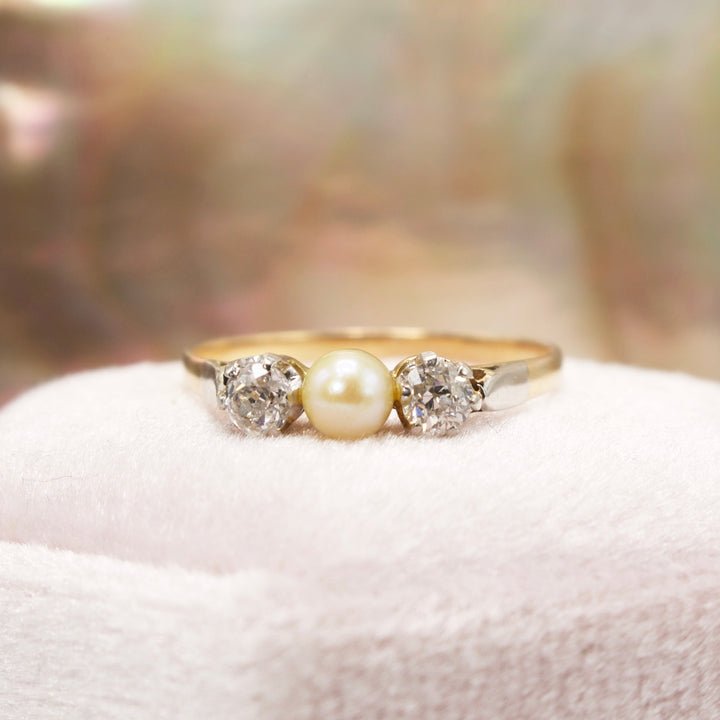 Antique Pearl and Mine Cut/European Cut Three Stone Ring in 18K Gold