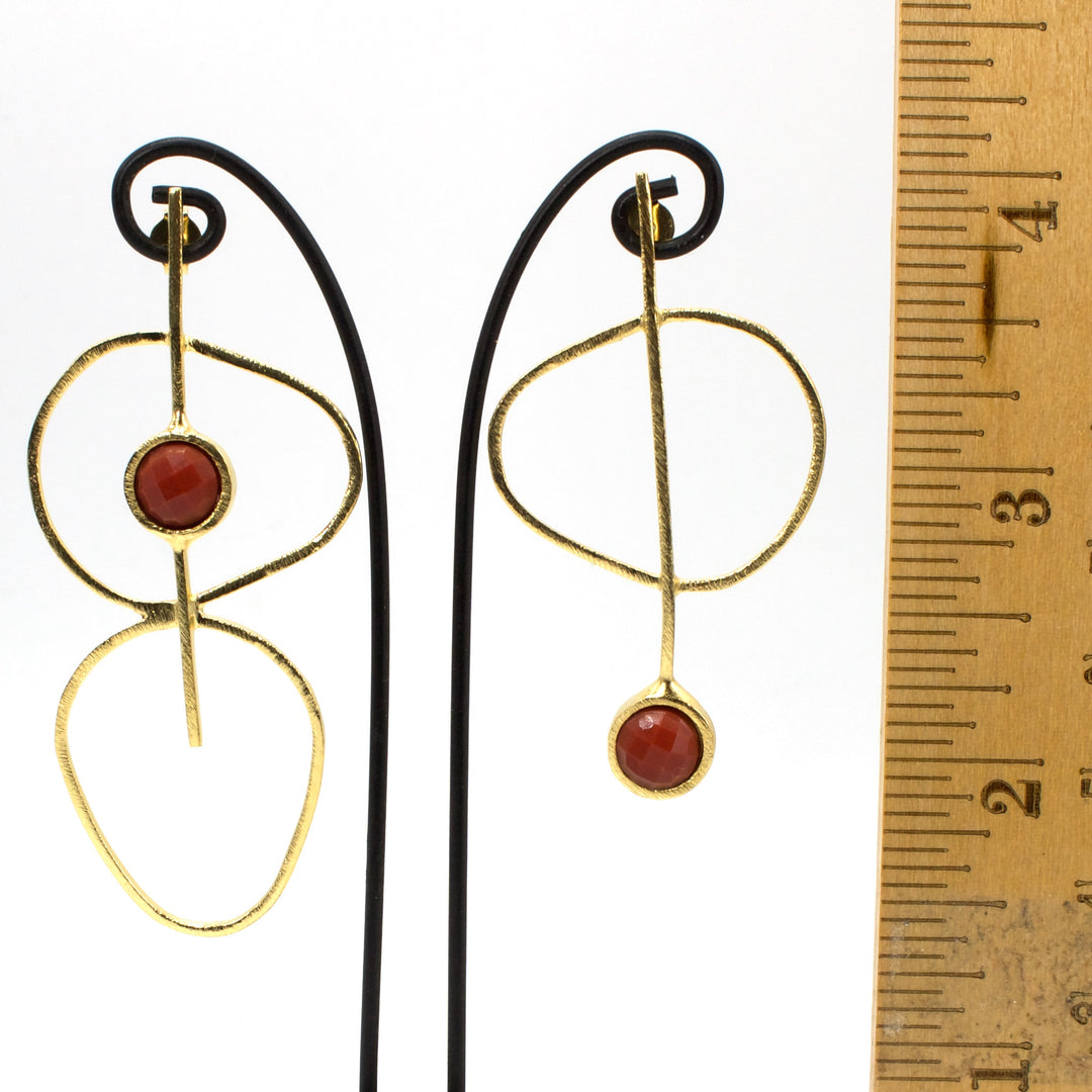 18K Gold Plated Brass Mismatched Drop Earrings with Red Stone