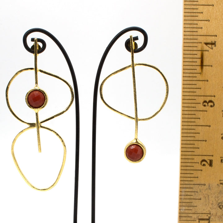 18K Gold Plated Brass Mismatched Drop Earrings with Red Stone