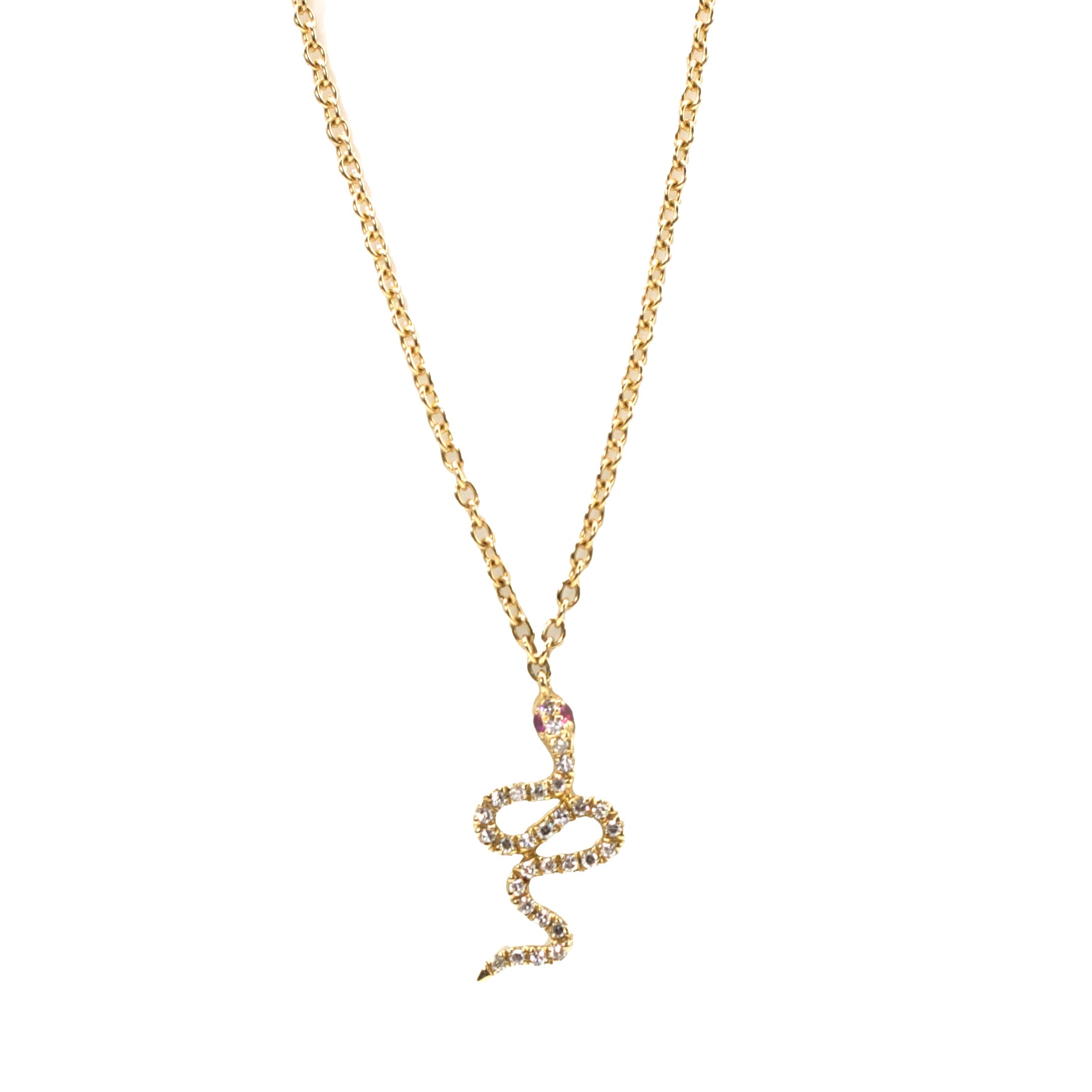 14K Yellow Gold Necklace with Diamond and Ruby Undulating Snake