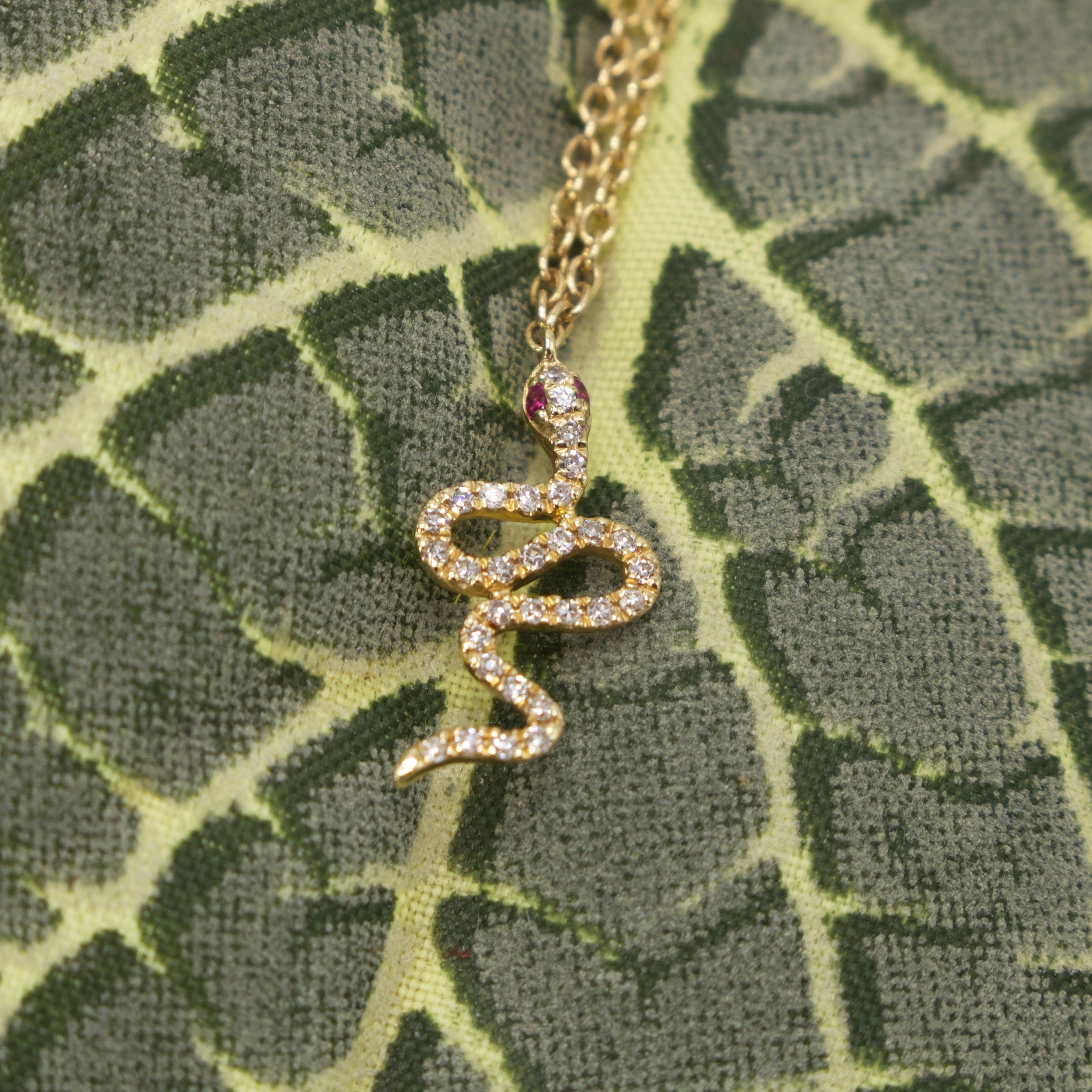 14K Yellow Gold Necklace with Diamond and Ruby Undulating Snake