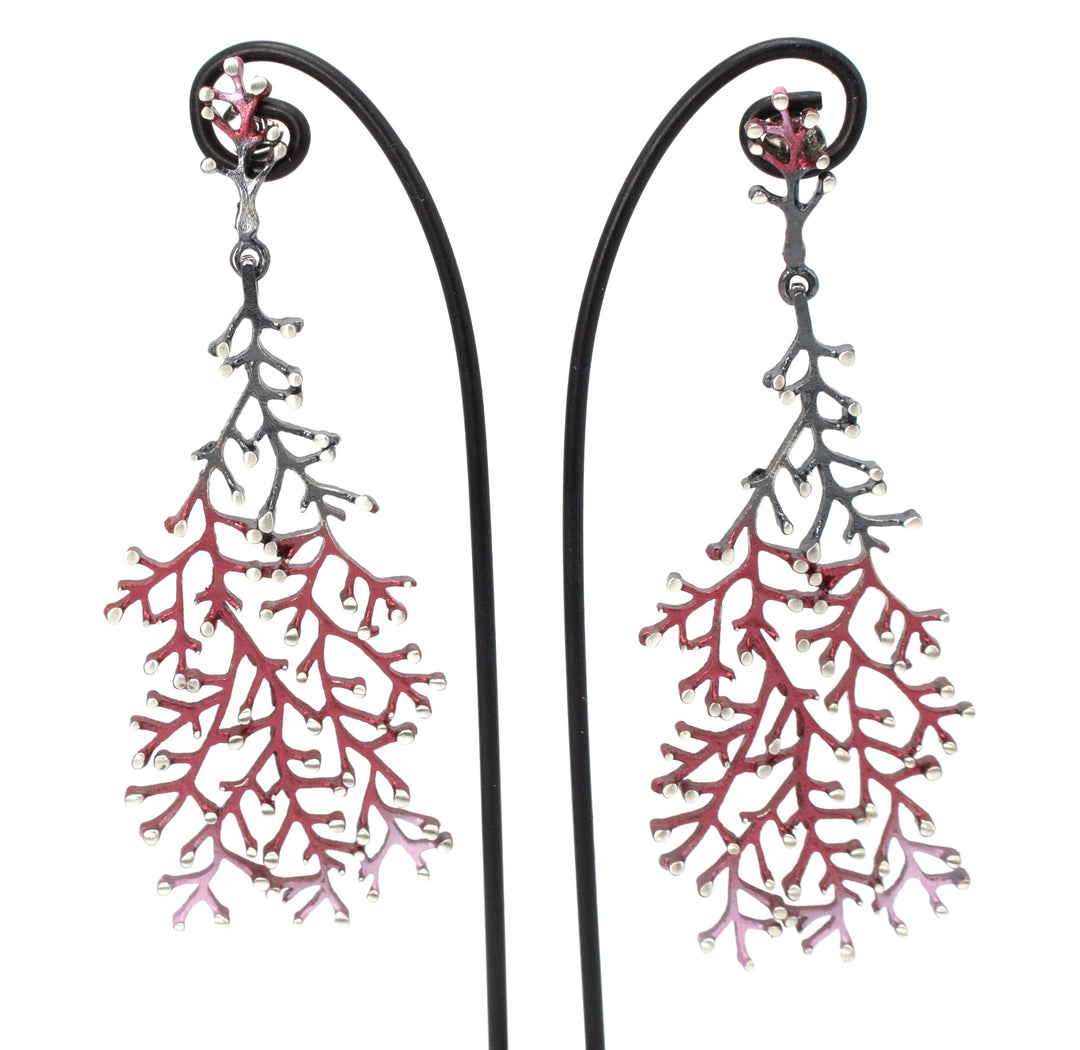 Sterling Silver Leaf Inspired Drop Earrings Dyed Pink with Natural Pigments