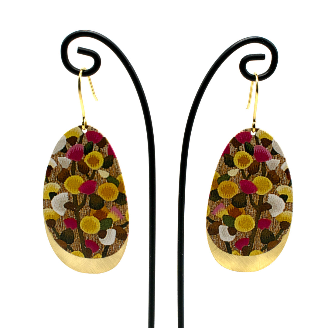 Gold over Brass Hand Enameled Pointillism Style Floral Drop Earrings
