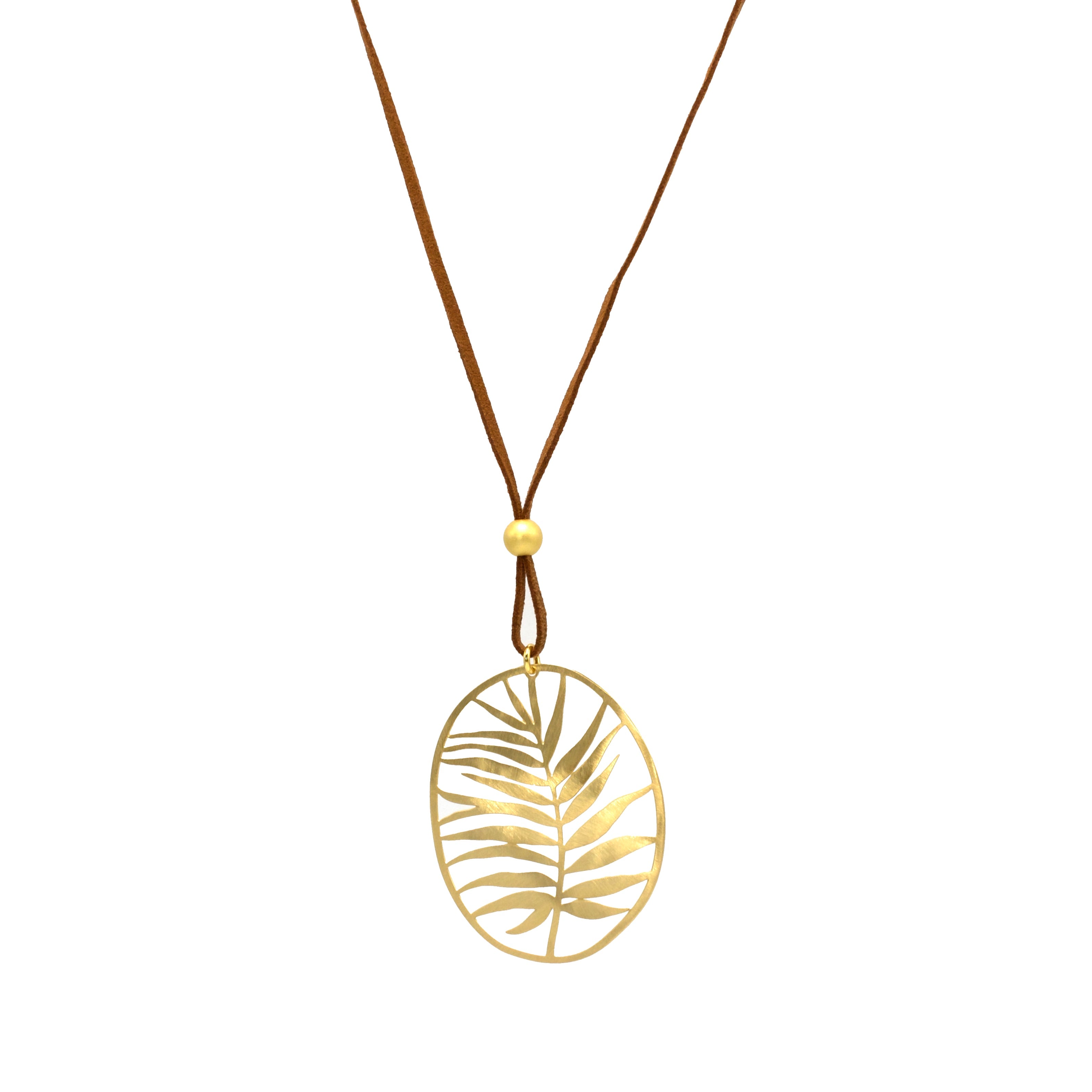 Gold over Brass Palm Frond Inspired Leather Necklace