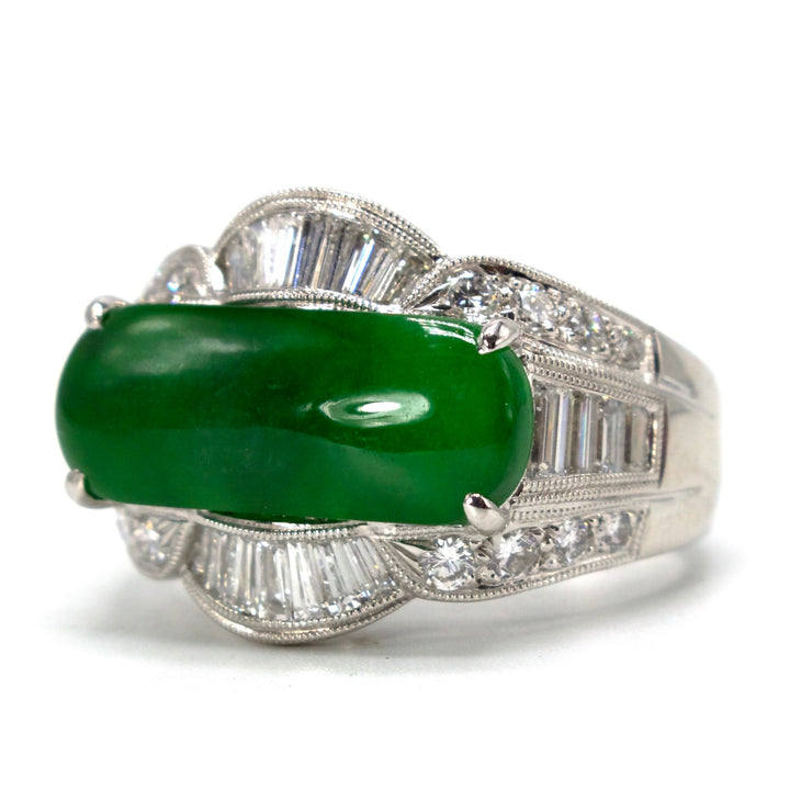 GIA 3.95 Carats Fine Green Natural "A" Jade Ring with Diamonds in 18K White Gold