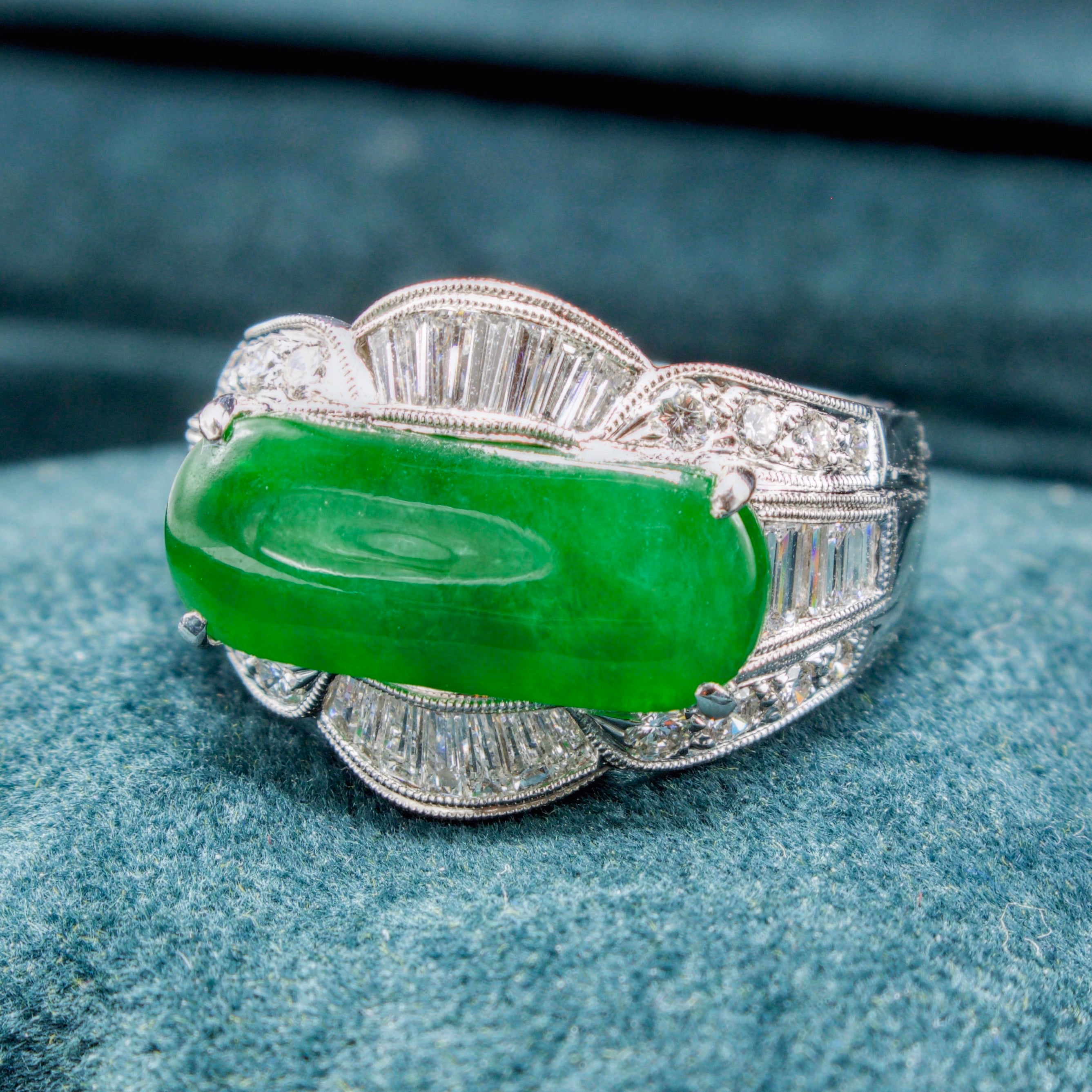GIA 3.95 Carats Fine Green Natural "A" Jade Ring with Diamonds in 18K White Gold