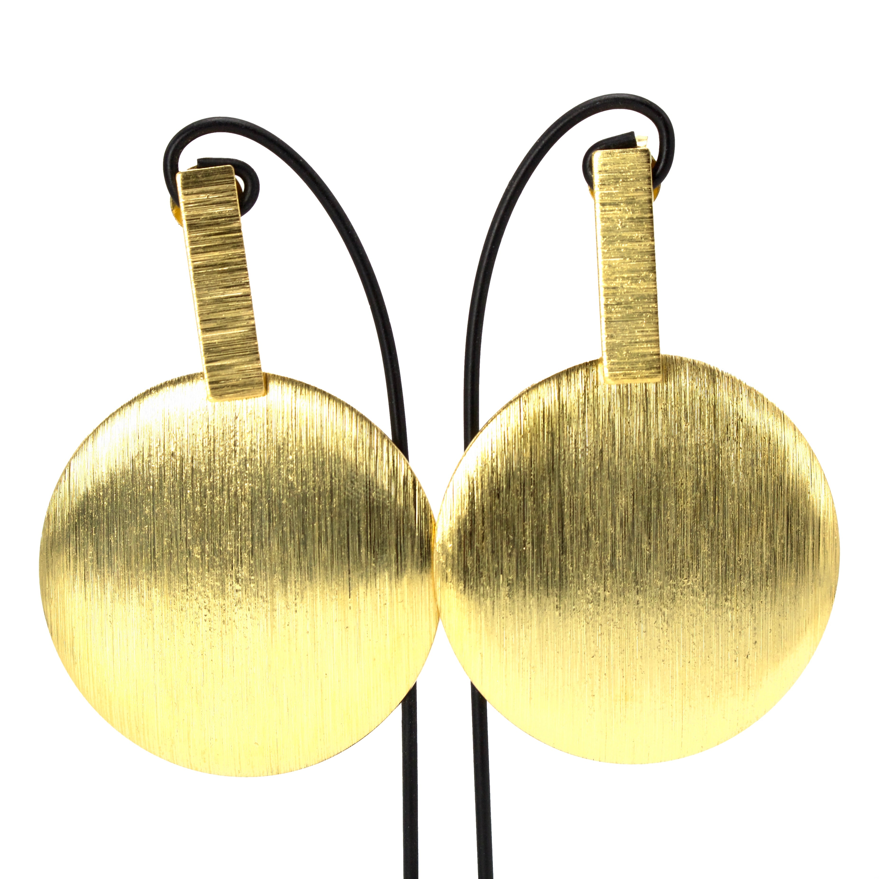 Gold Plated Large Round Brushed Finish Disc Drop Earrings