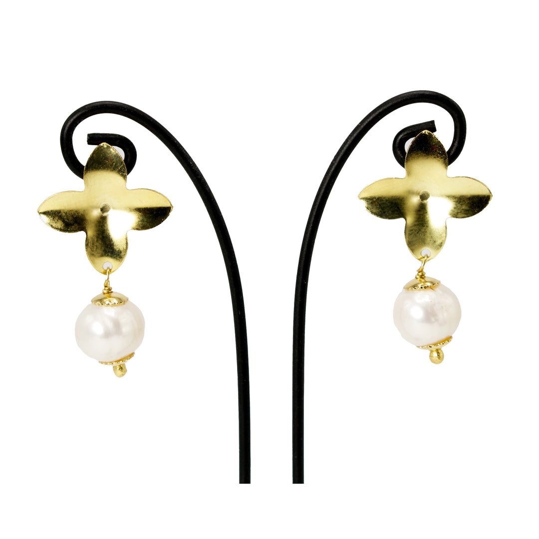 Gold over Brass Quatrefoil Floral Earring with Pearl Drop