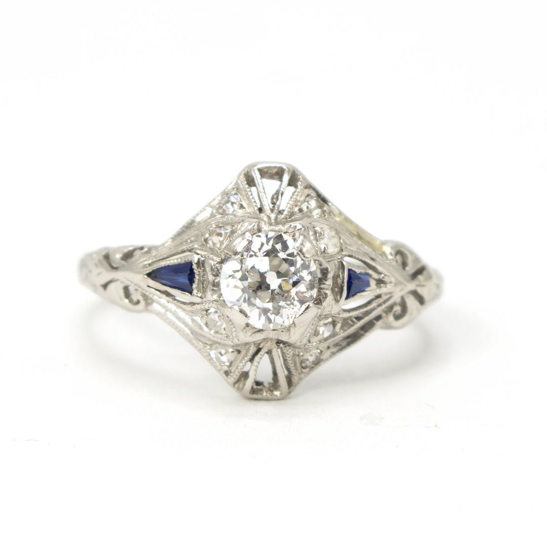 Art Deco Navette Style Ring in Platinum with 0.40 carat Old European Cut Diamond