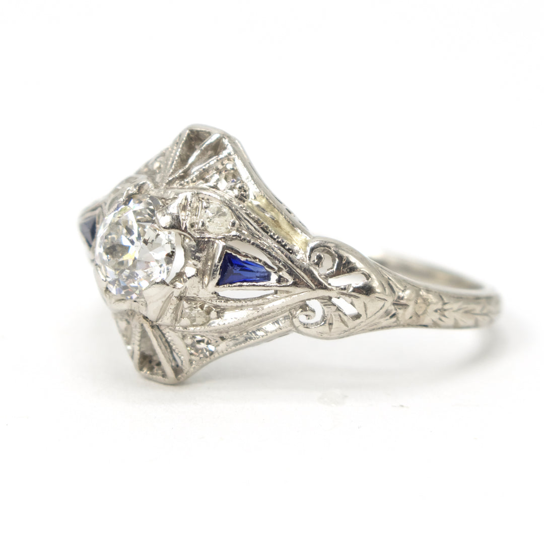 Art Deco Navette Style Ring in Platinum with 0.40 carat Old European Cut Diamond