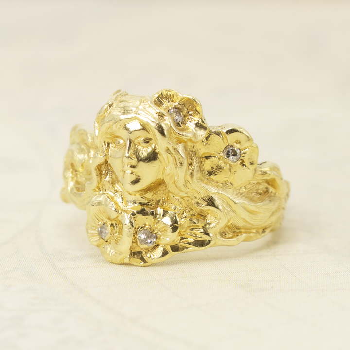 14K Yellow Gold Art Nouveau Style Ring - Lady Surrounded by Flowers with Diamonds