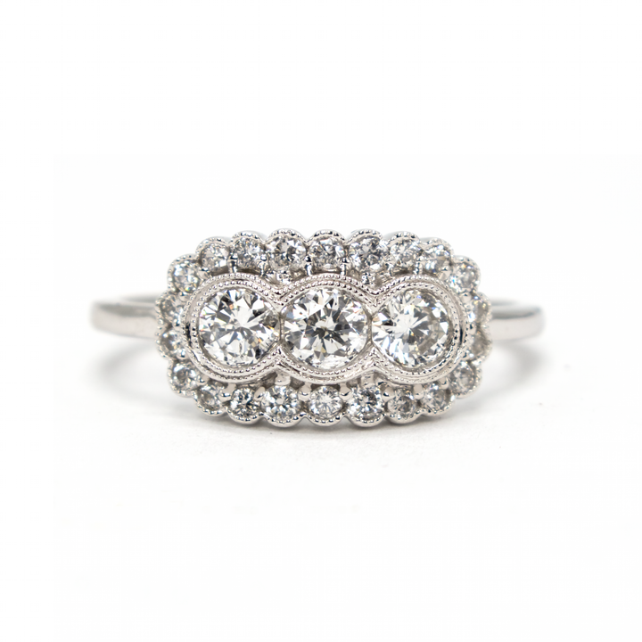 Vintage Style Three Stone Diamond Engagement Ring with Diamond Surround
