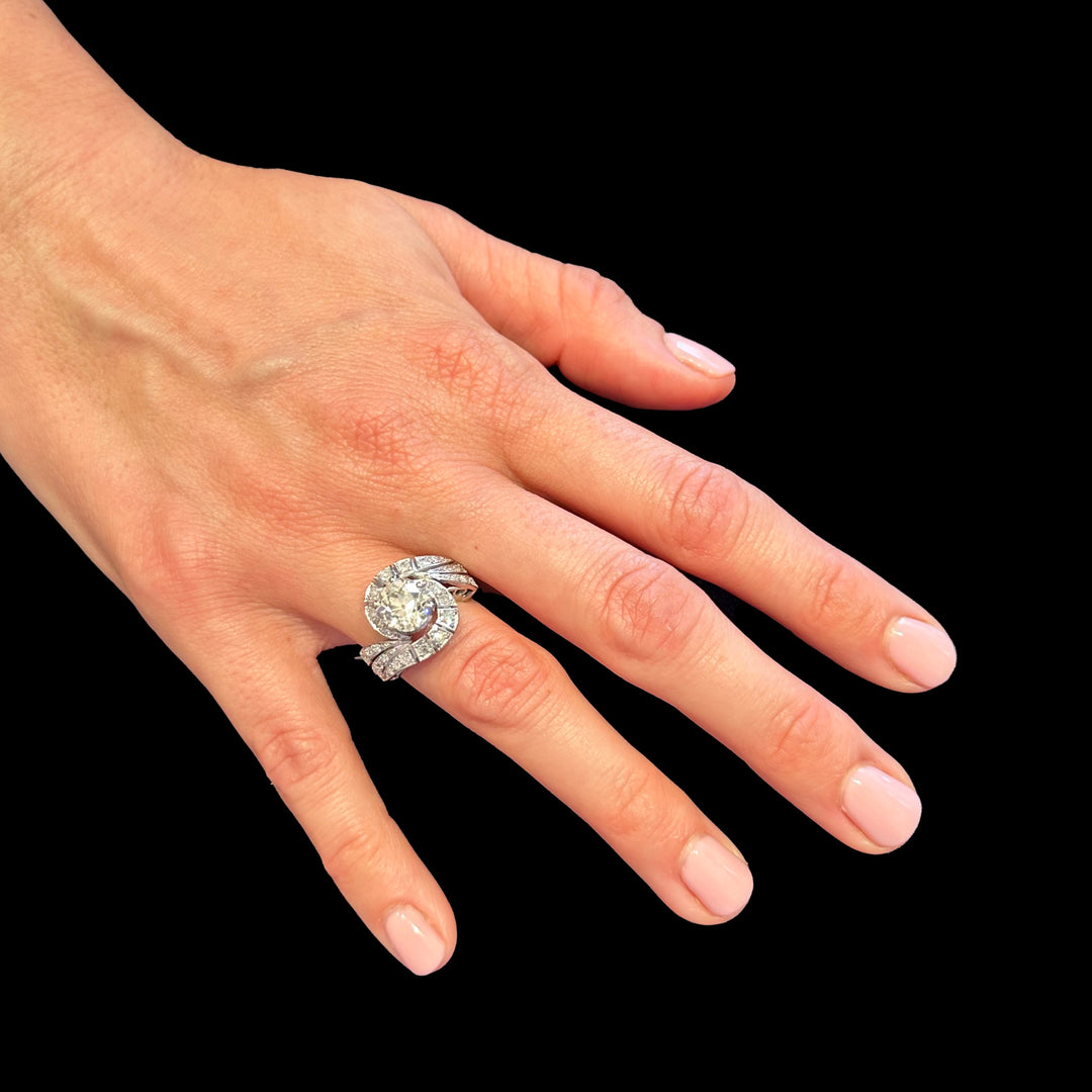 Retro Bypass Swirl Engagement Ring with 2.55 carat European Cut Diamond in Platinum