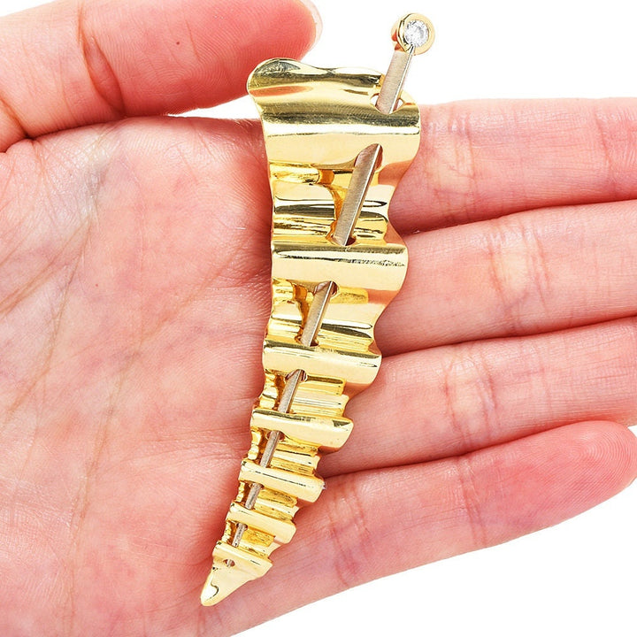 Large 18K Yellow Gold Needle and Ribbon Sewing Themed Brooch Pin
